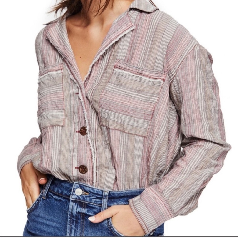 Free People Crinkly Multi Stripe Sand Button Shirt